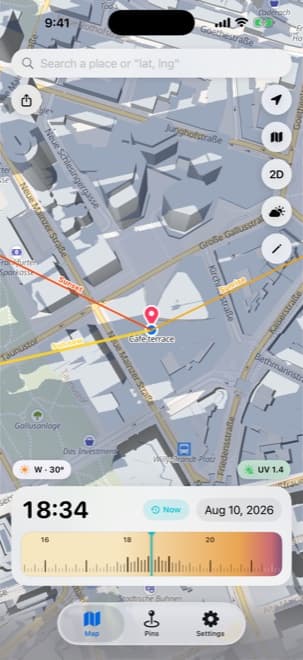 Shade Tracker iPhone app – Live shadow map showing building and tree shadows across a city at the current minute